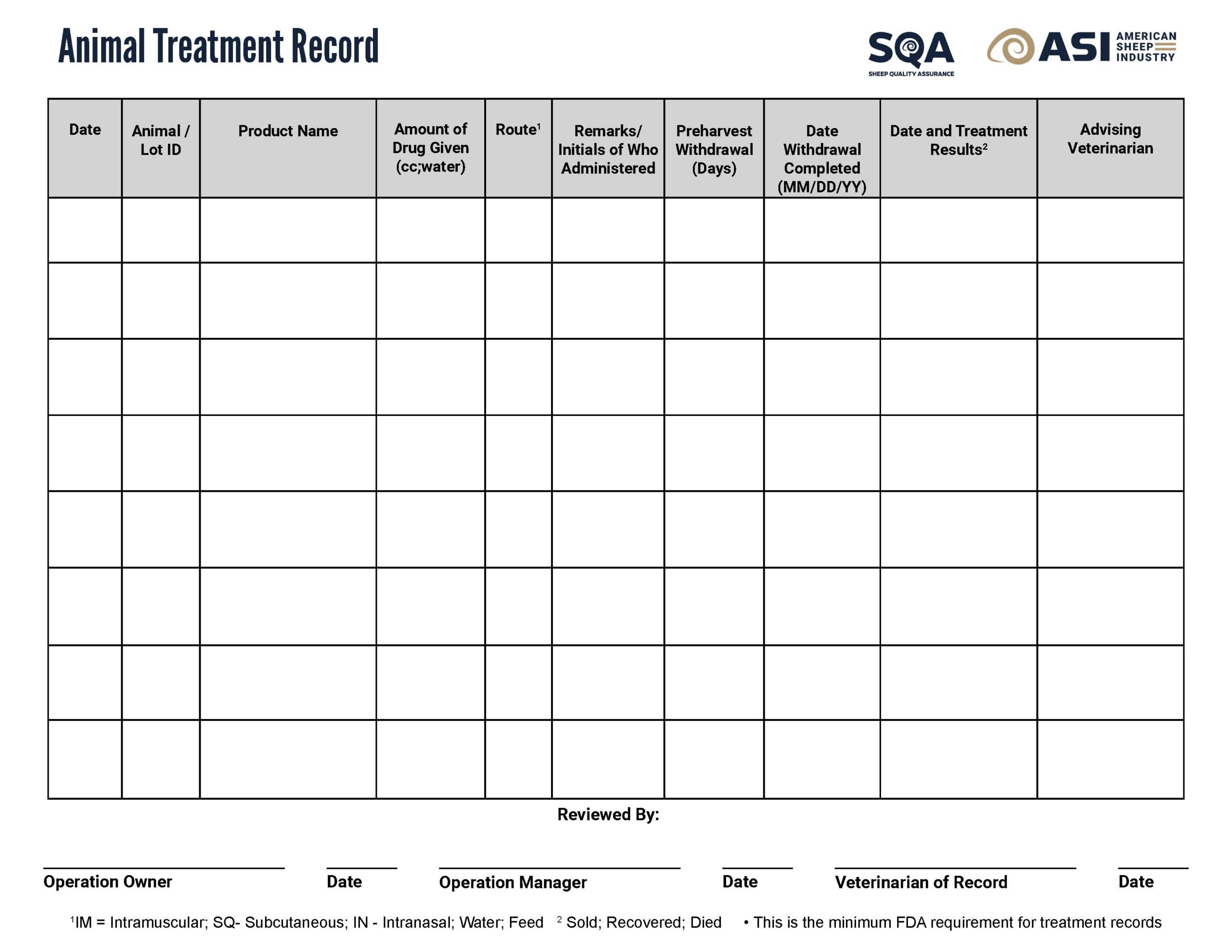 Image of the SQA Animal Treatment Record PDF form.