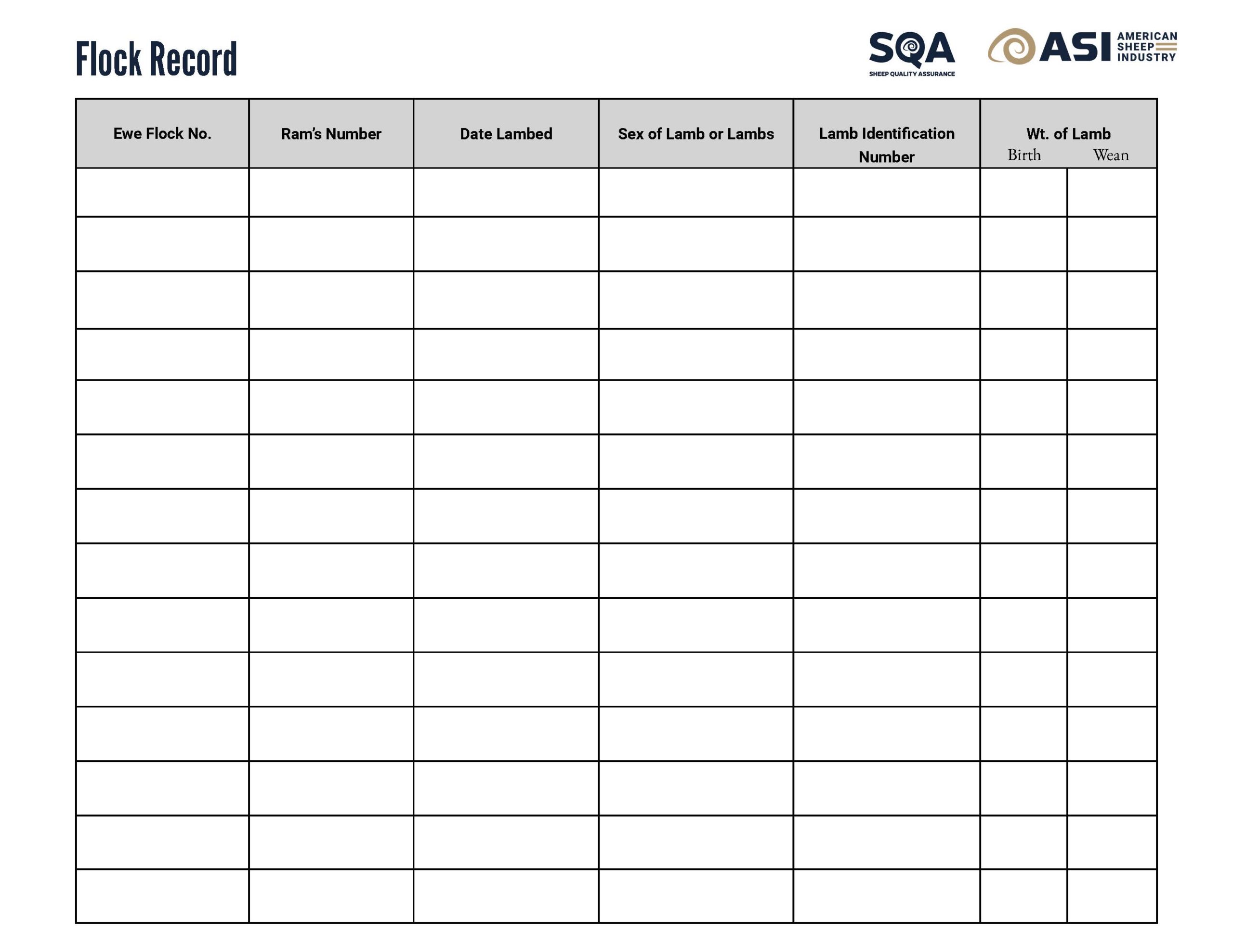 Image of the SQA Flock Record PDF form.