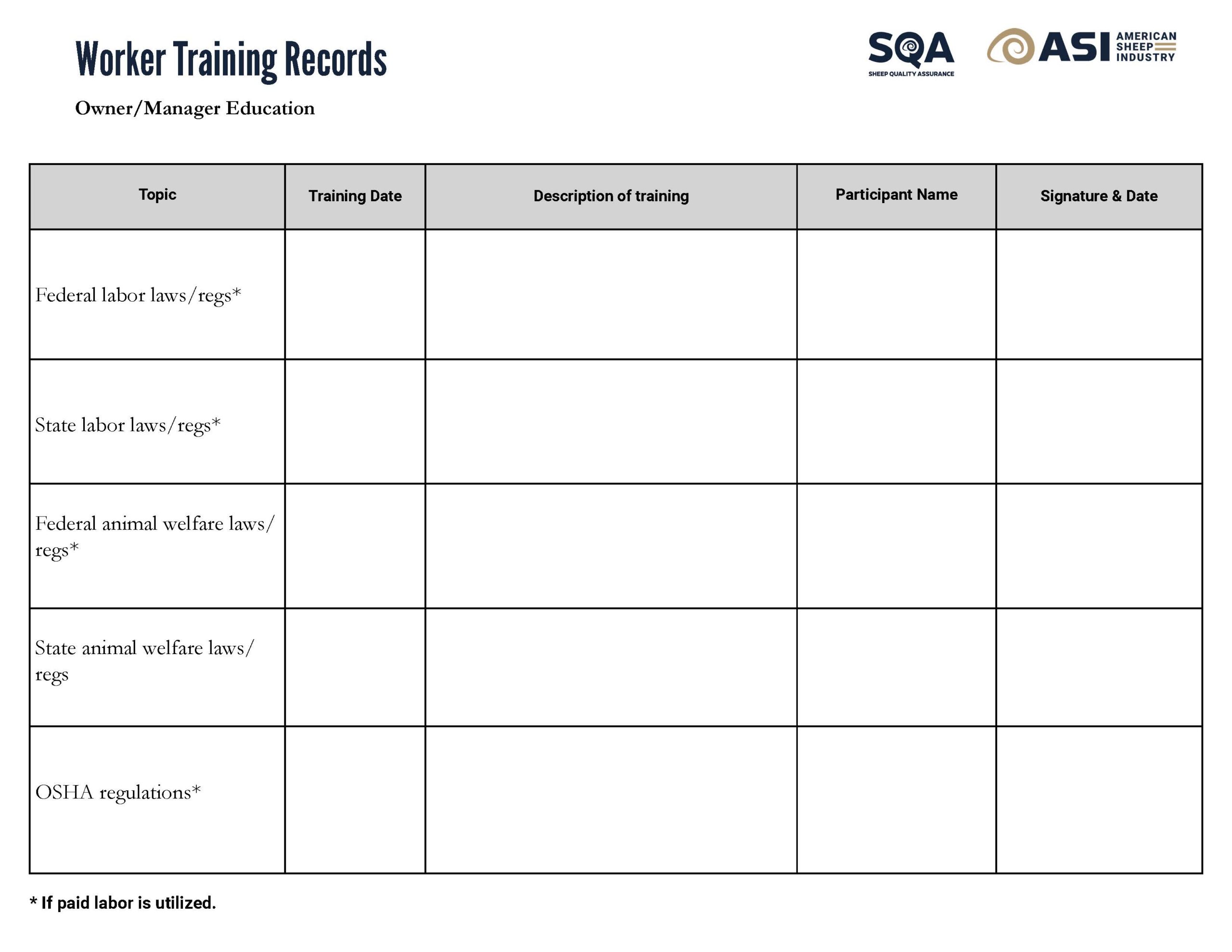 SQA Worker Training Record