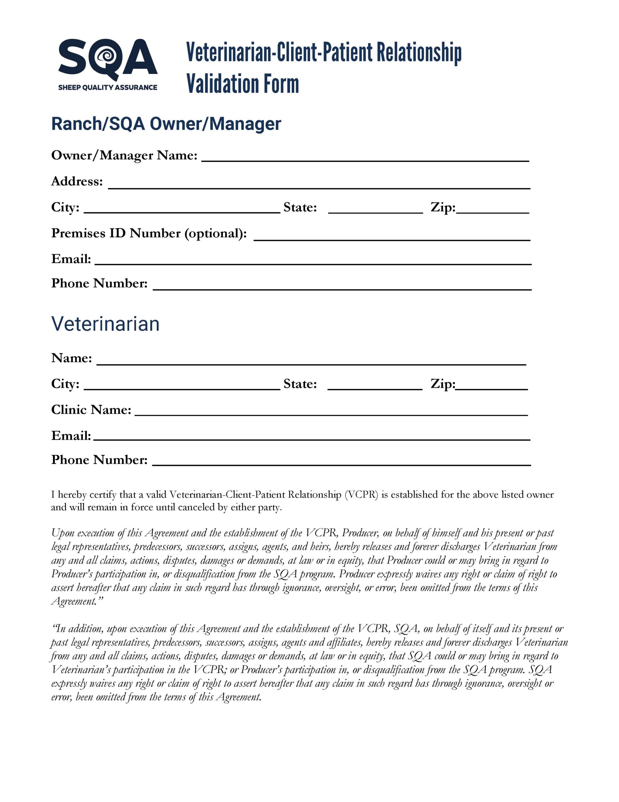 SQA Veterinarian Client Patient Relationship Validation Form PDF IMAGE