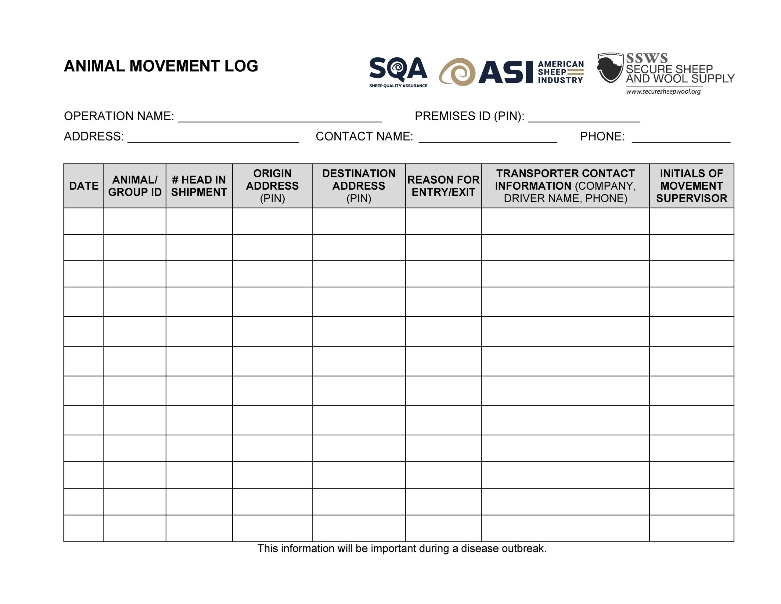 SQA Animal Movement Log PDF